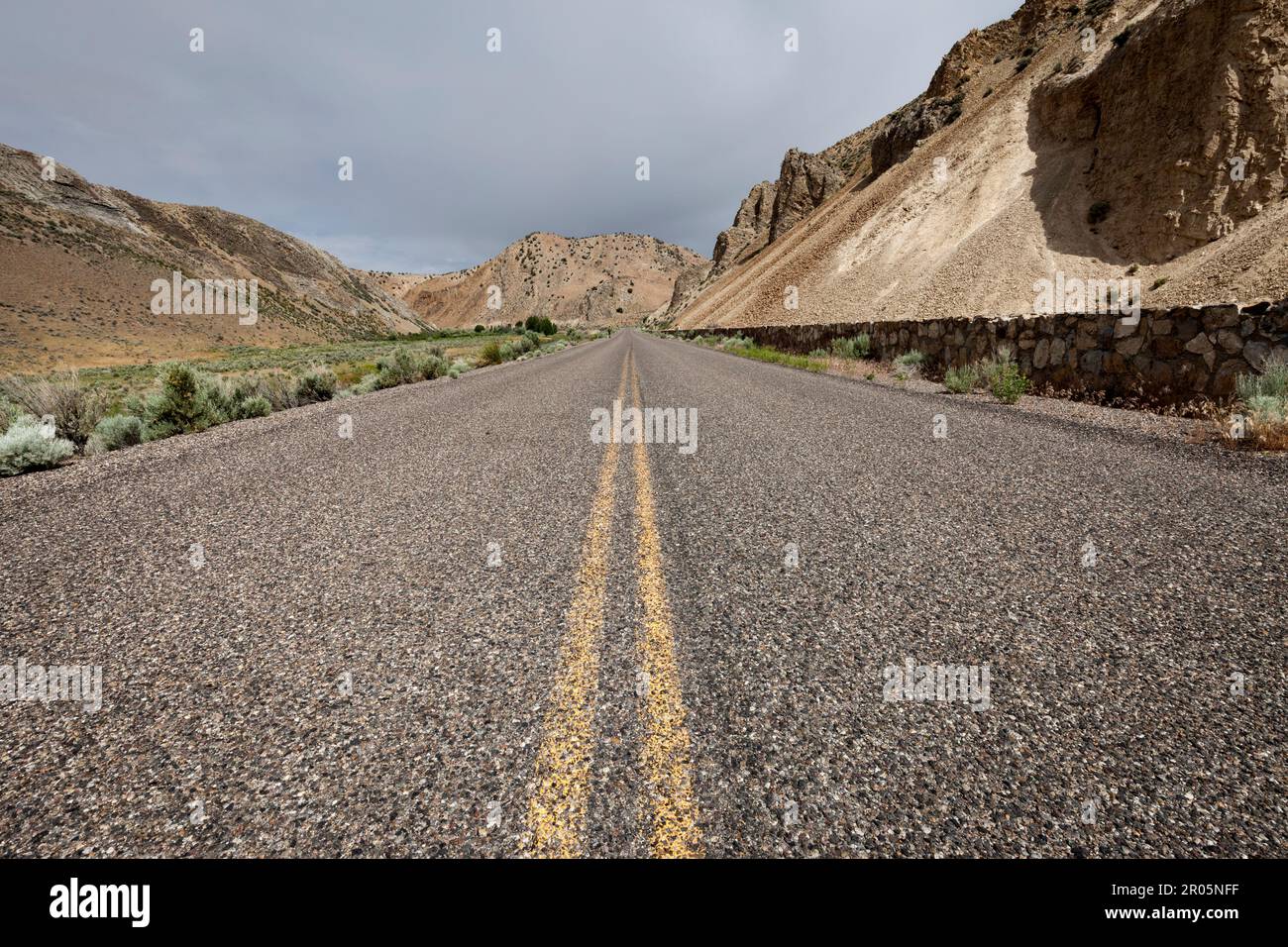 Abbandonati US 40 strada corre lungo il fiume Humboldt attraverso Carlin Canyon in Nevada. Il percorso era anche una volta parte del California Trail così come un Foto Stock