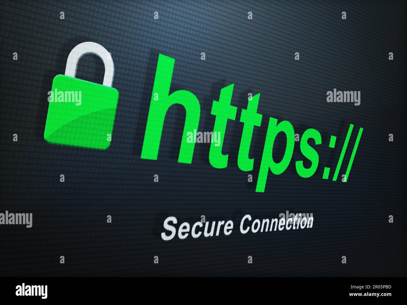 Primo piano, https e connessione sicura per un sito web, ricerca su internet e schermo con l'indirizzo del browser. URL, motore e protezione per la lettura online Foto Stock