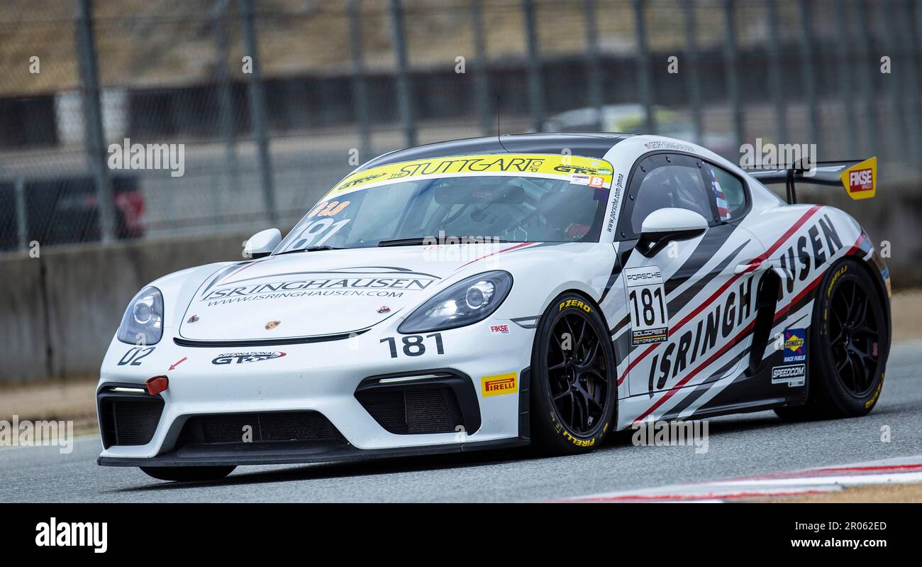 Monterey, California, Stati Uniti. 06th maggio, 2023. Geoff Isringhausen(181) Porsche Cayman Clubsport in uscita dal turn3 durante la Transaim Speedfest IGT gara 1 al circuito Weathertech Laguna Seca Monterey, CA Thurman James/CSM/Alamy Live News Foto Stock