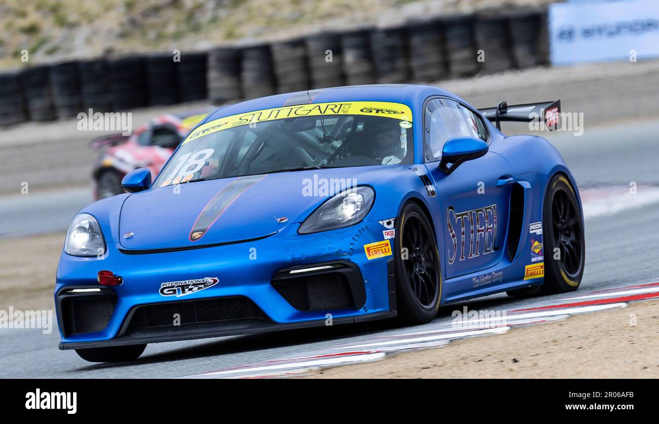 Monterey, California, Stati Uniti. 06th maggio, 2023. Kevin Maxim(18)in arrivo a turno 4 durante la gara 1 del TransAm Speedfest IGT al circuito Weathertech Laguna Seca Monterey, CA Thurman James/CSM/Alamy Live News Foto Stock