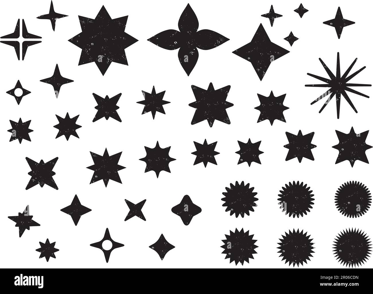 Set di forme assortite; stelle nere con texture grunge. Vendita o sconto adesivi, icone, badge. Forme a stella con diversi numeri di raggi. Traspar Illustrazione Vettoriale