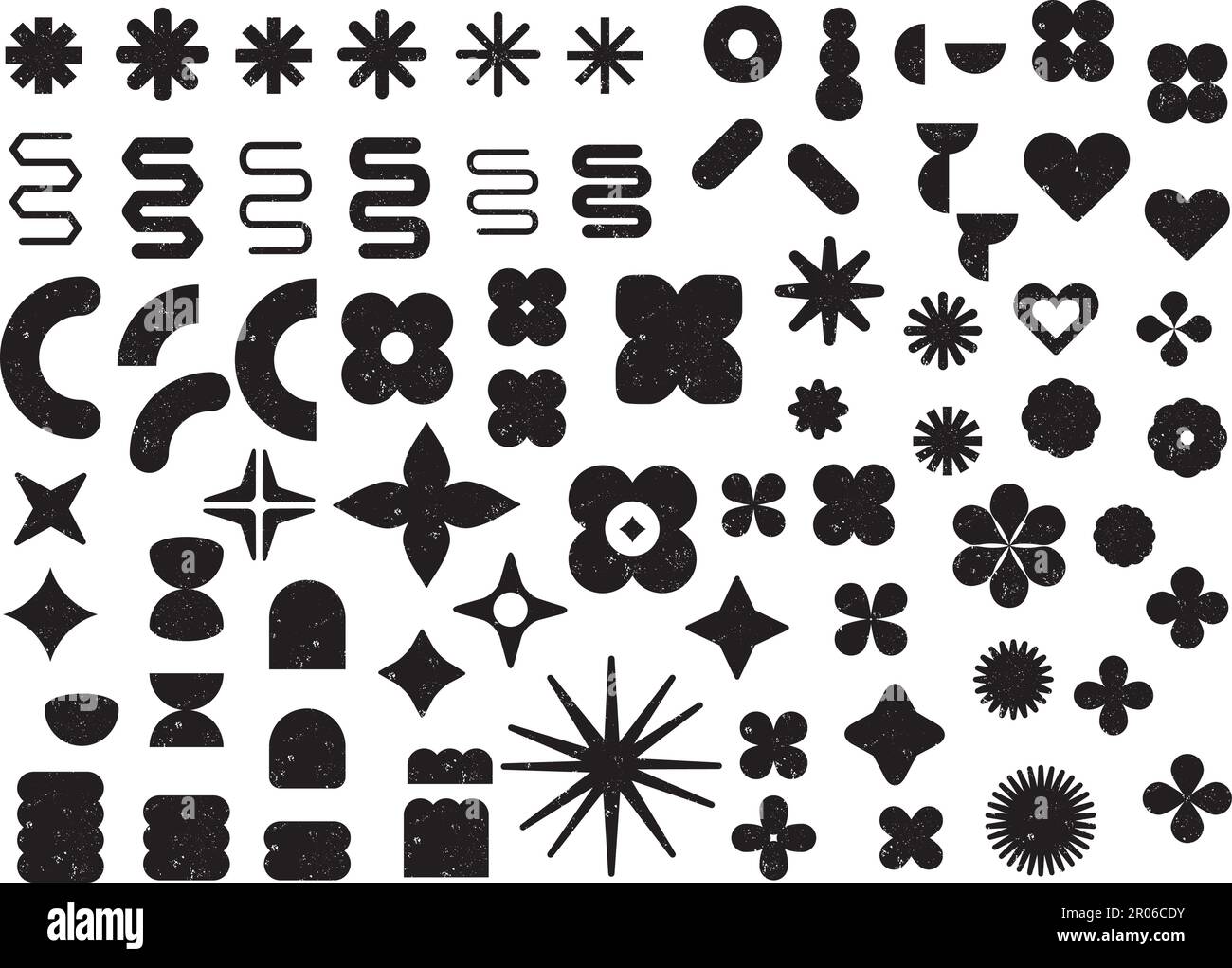 Grande set di forme assortite; forme nere con texture grunge. Vendita o sconto adesivi, icone, badge. Forme astratte vettorizzate Illustrazione Vettoriale