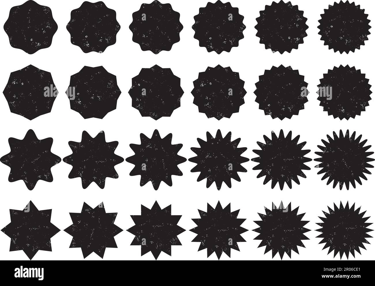 Set di forme a stella trasparenti, colore nero e texture grunge. Vendita o sconto adesivi, icone, badge. Stelle con diversi numeri di raggi, con ro Illustrazione Vettoriale