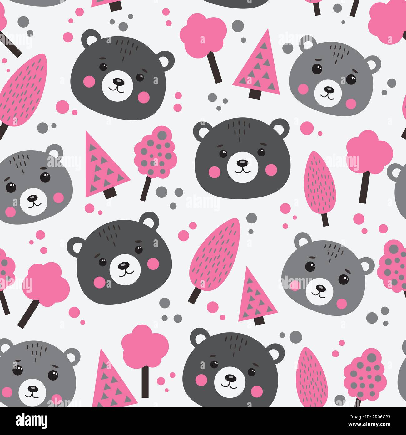 Motivo senza cuciture con orsi e alberi di colore rosa e grigio. Illustrazione Vettoriale