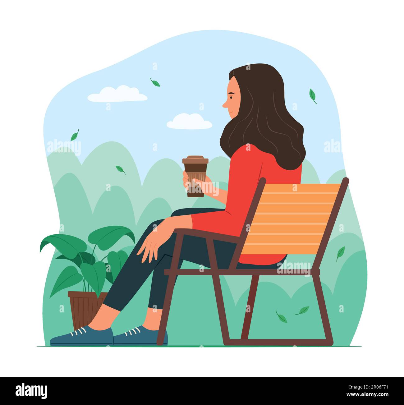 Donna seduta sulla sedia e rilassante in giardino Illustrazione Vettoriale