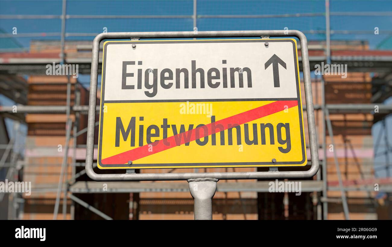 Costruisci la tua casa invece di vivere in un appartamento in affitto - cartello con il nome del luogo con le parole tedesche 'Mietwohnung' (appartamento in affitto) e 'Eigenheim' (case Foto Stock