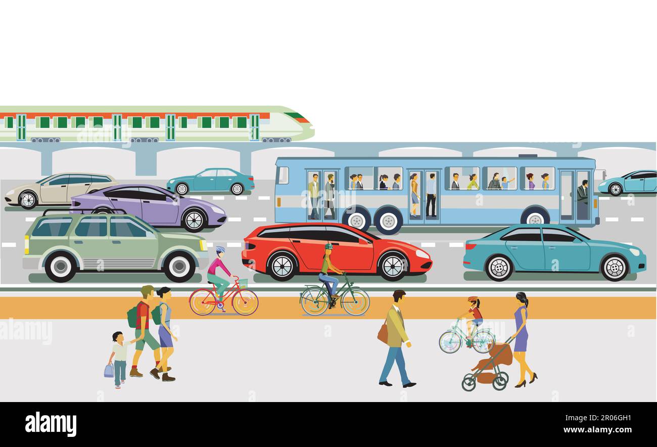 Trasporto stradale e ferroviario, trasporto in autobus con persone, illustrazione Illustrazione Vettoriale