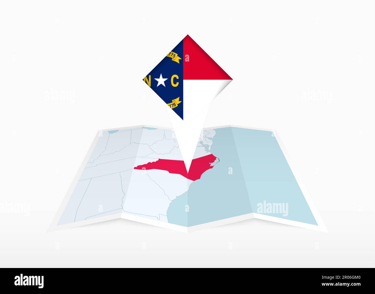 Il North Carolina è raffigurato su una mappa su carta piegata e segnaposto con bandiera del North Carolina. Mappa vettoriale piegata. Illustrazione Vettoriale