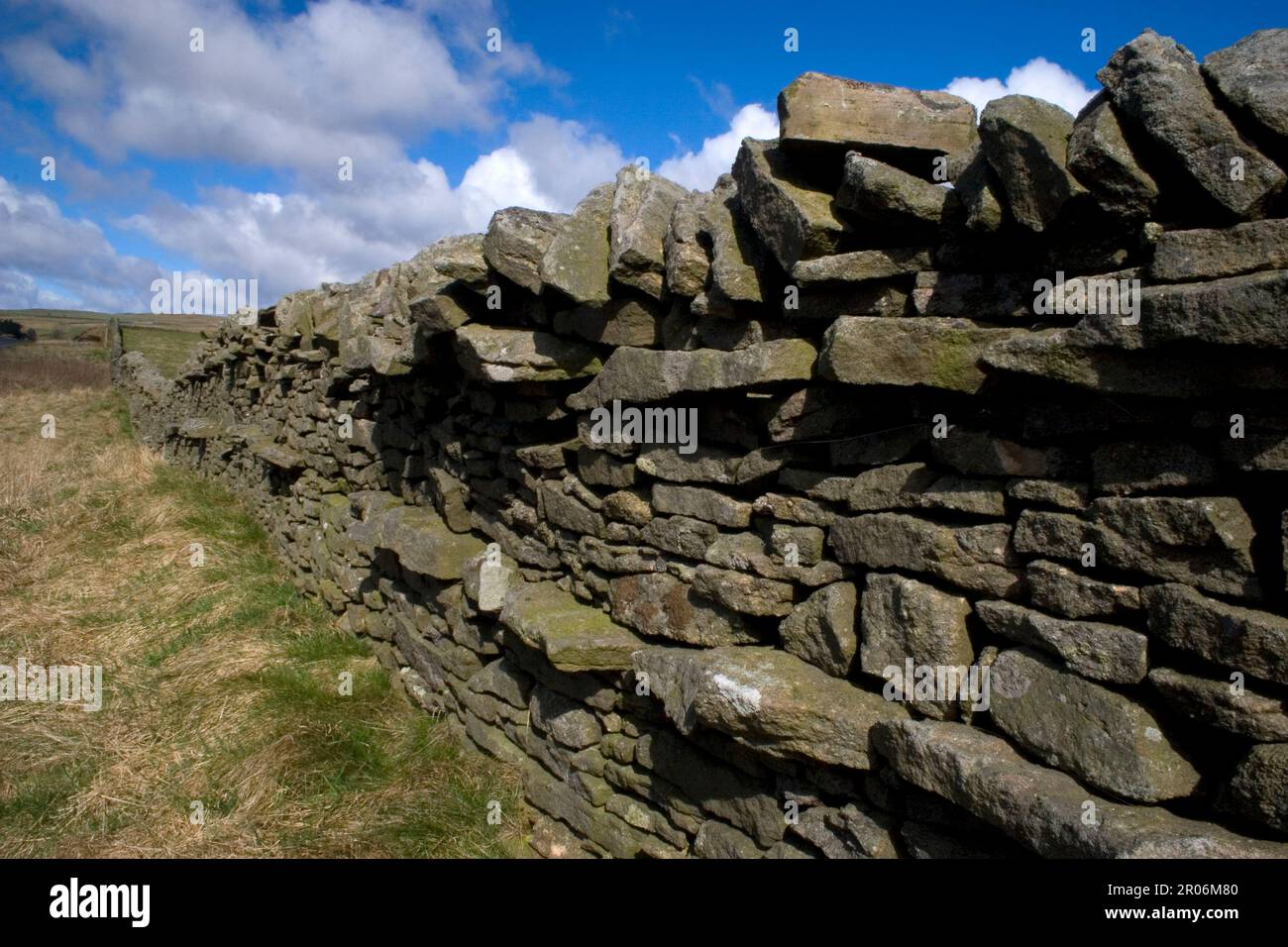 Tradizionale muro di pietra arenaria calcarea a Teesdale, Contea di Durham, Inghilterra Foto Stock