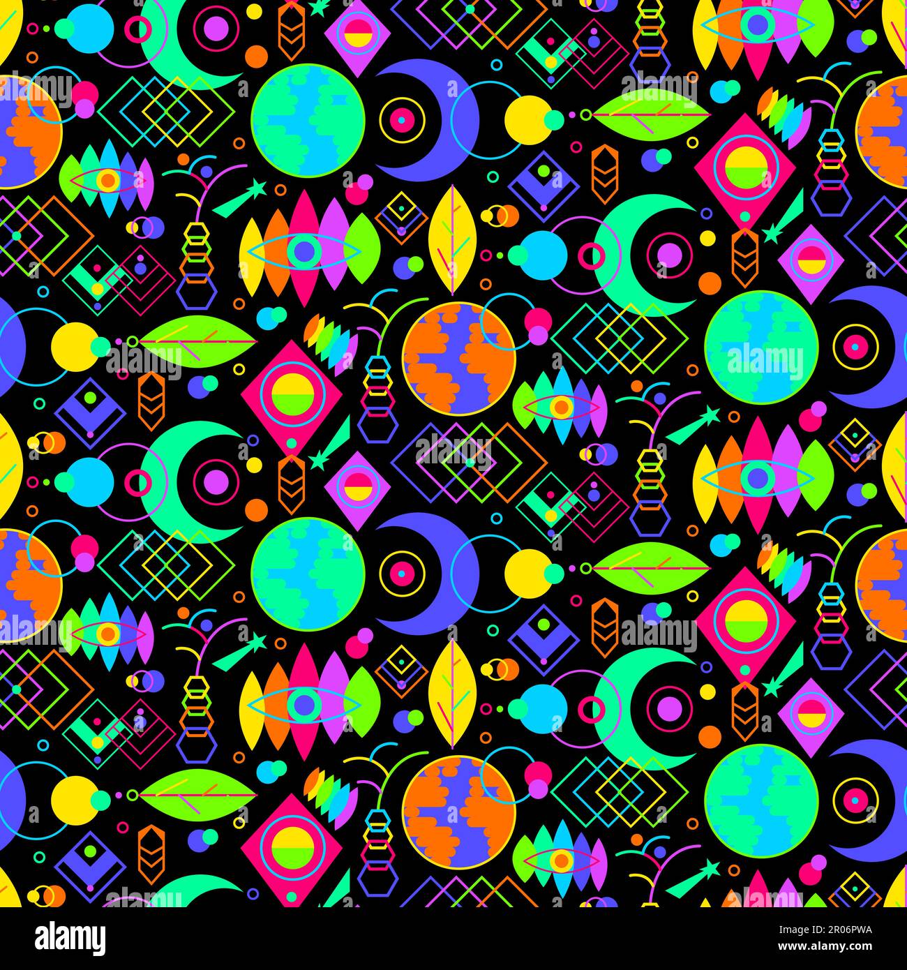 Simboli al neon di lusso motivo senza cuciture. Icone magiche e conoscenza del mistero. Cartelli illuminati Mystic in ornamento boho per stampa su tessuto, COV Illustrazione Vettoriale