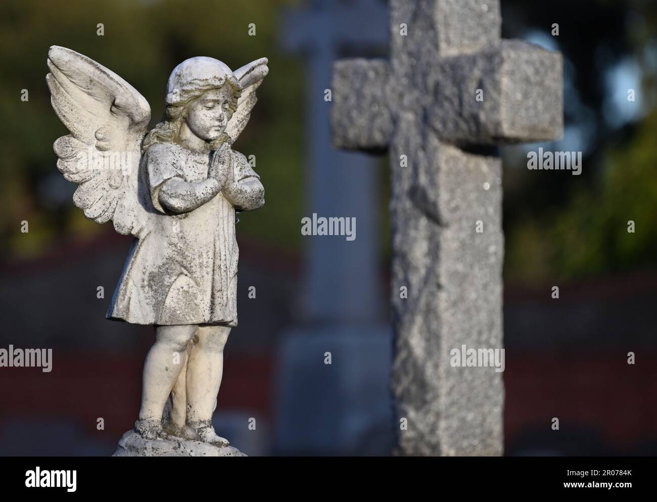 Scultura in pietra vecchia e intatta illuminata dal sole di un angelo bambino, o cherubino, in preghiera in un cimitero, con una grande croce di pietra sullo sfondo Foto Stock