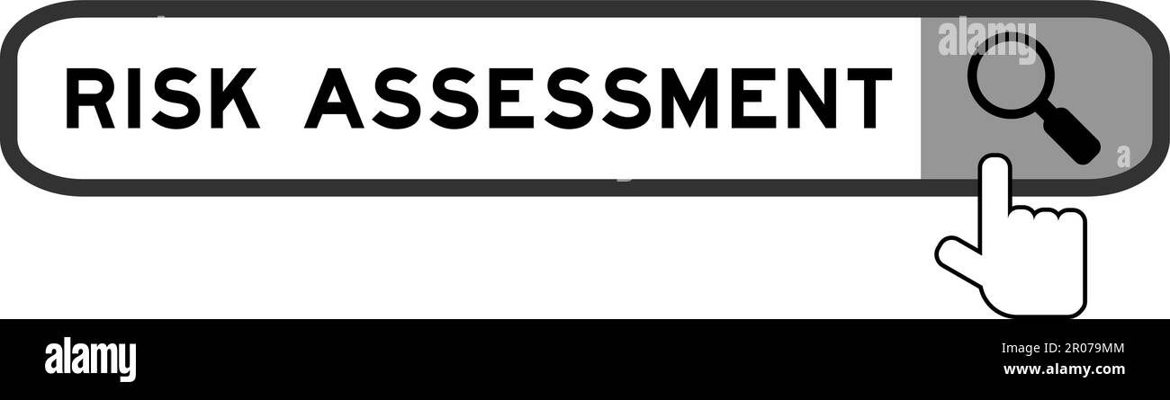 Banner di ricerca in Word Valutazione del rischio con l'icona della lente di ingrandimento su sfondo bianco Illustrazione Vettoriale