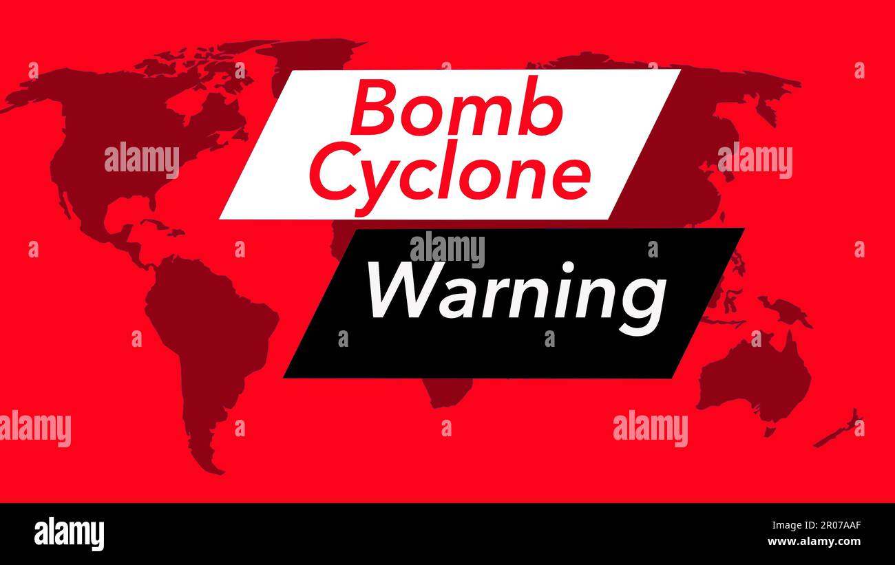 Ciclone bomba. Un banner o un'icona meteo televisiva viene visualizzata con una mappa del mondo che mostra gli Stati Uniti. I colori sono rosso, nero e bianco ed è fr Foto Stock