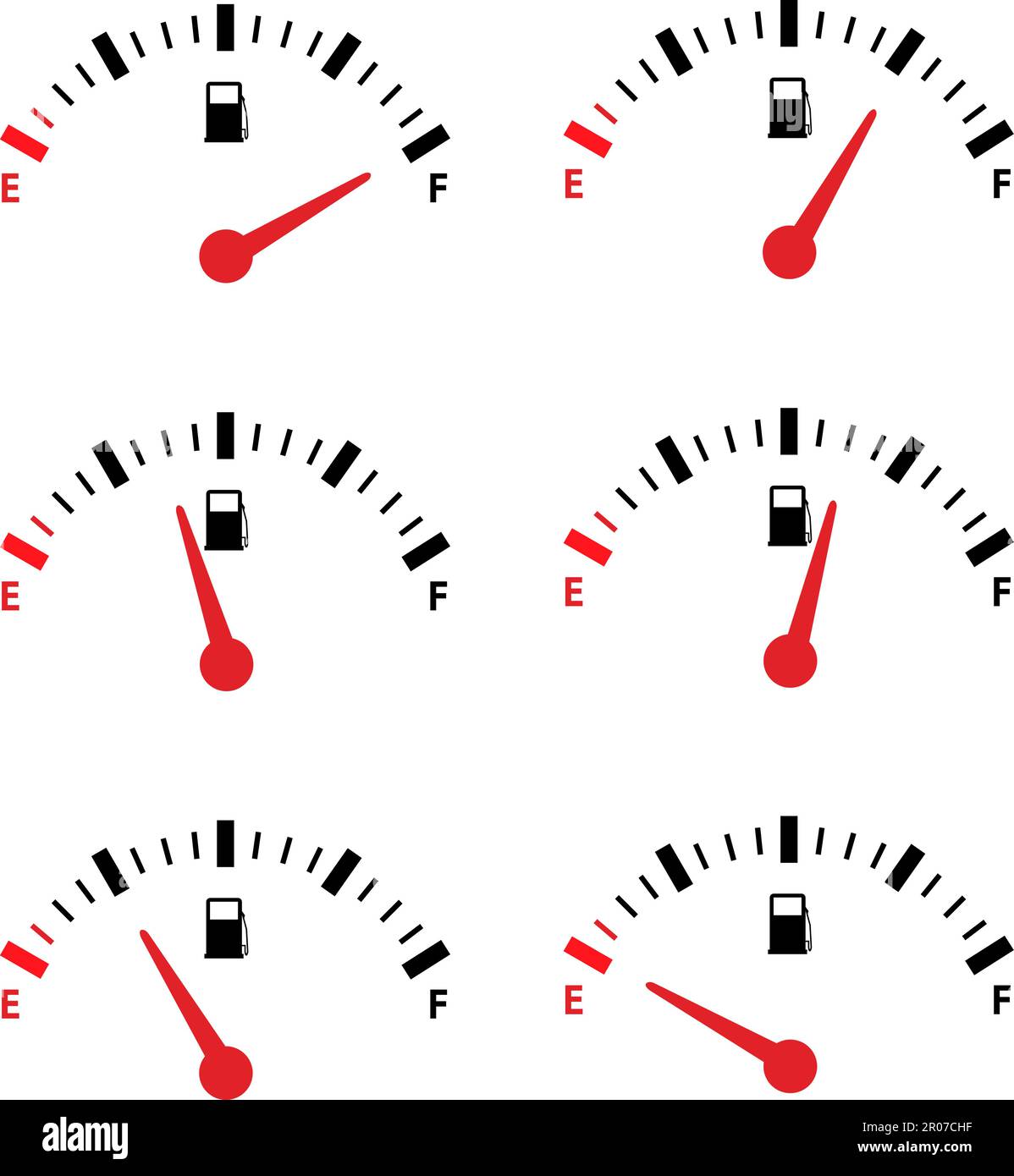 Impostare la scala del serbatoio pieno, il misuratore del gas, le misurazioni del carburante con quadrante dell'orologio, l'indicatore del livello del carburante, l'icona della scala del cruscotto, il segnale del sensore di controllo dell'auto, l'indicatore della benzina Illustrazione Vettoriale