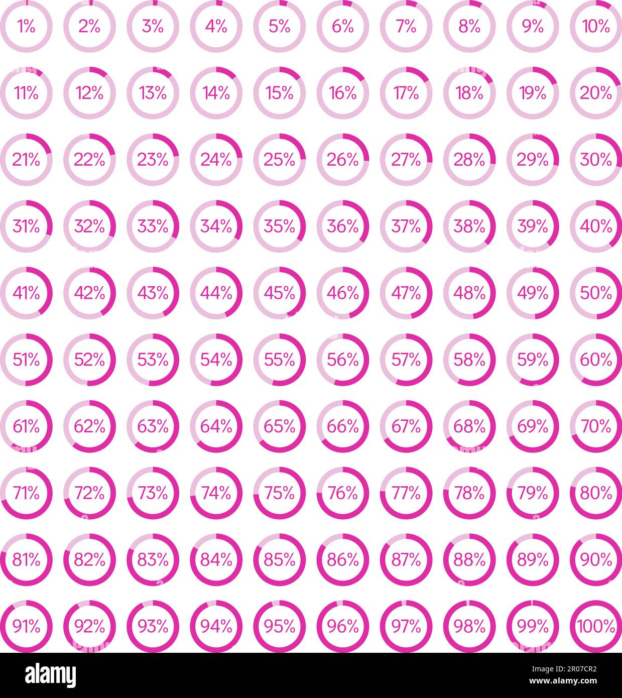 Serie di diagrammi percentuali del cerchio da 0 a 100 percento. Pronto all'uso per web design, interfaccia utente, infografica, report. Illustrazione Vettoriale