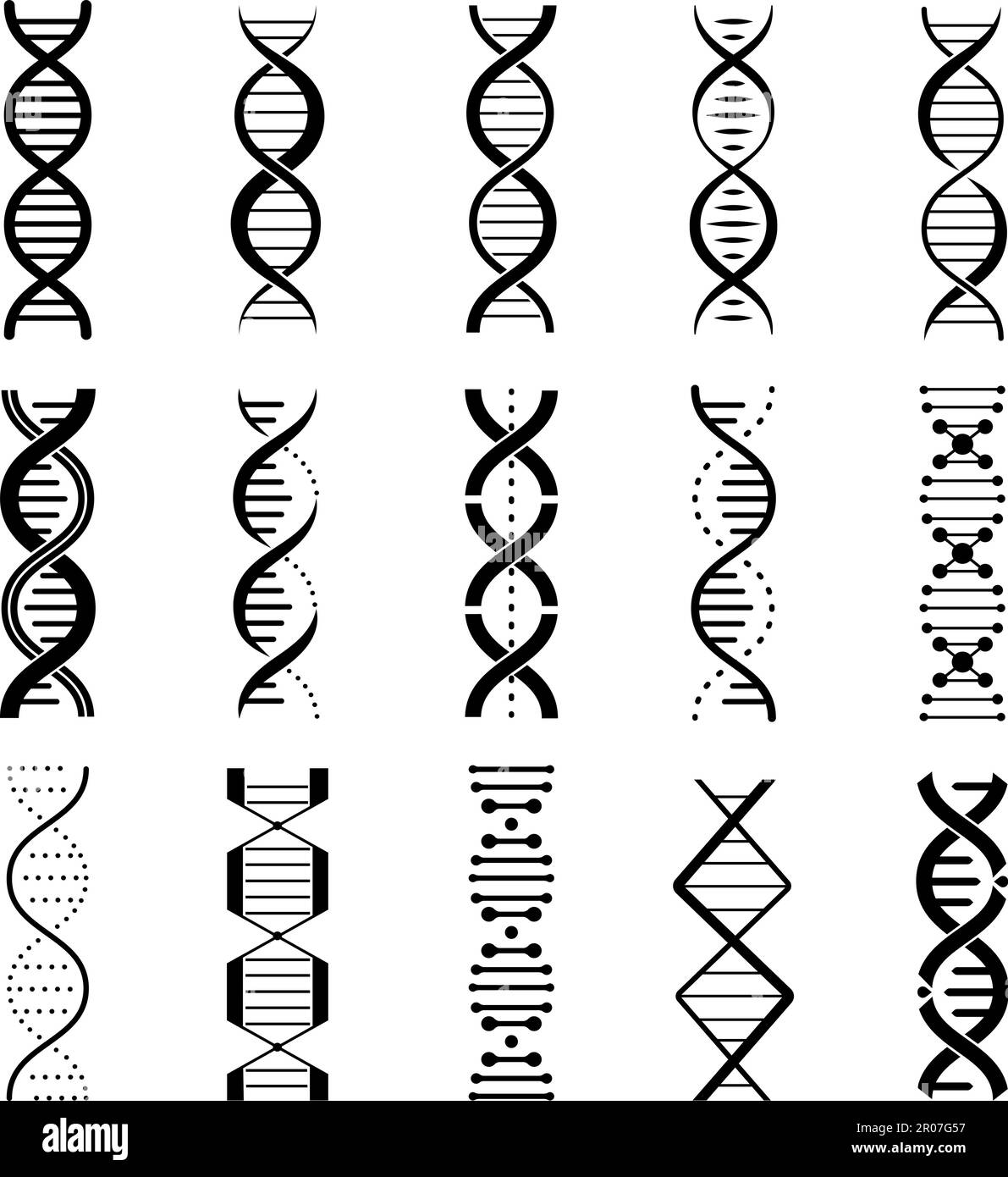 Set di icone geniche del DNA. Pittogrammi a spirale di geni scientifici, simboli genetici isolati a elica. Elementi medici biologici, decente ricerca vettoriale marcare a caldo Illustrazione Vettoriale