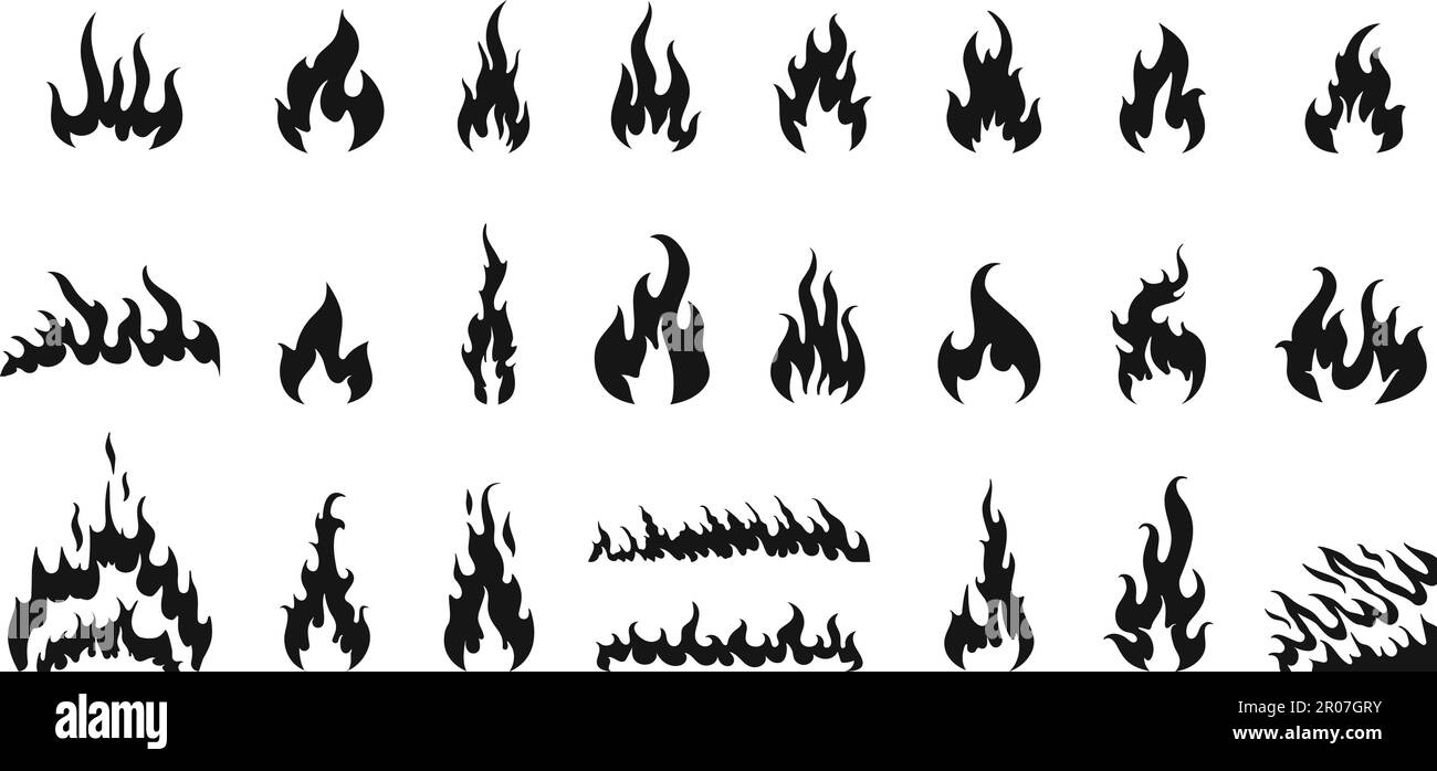 Isolatamente nero fuoco silhouette, fuoco fiamme icone. Elementi riscaldanti monocromatici bruciati, pittogramma fuoco caldo. Doodle diavolo decent simboli vettoriali Illustrazione Vettoriale