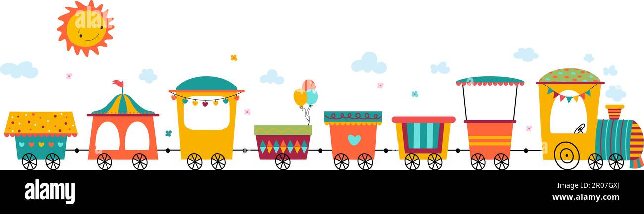 Animazione per bambini, trasporto parco divertimenti con sole e nuvole. Attrazione per bambini, rimorchi vuoti con bandiere, grafica vettoriale isolata Illustrazione Vettoriale