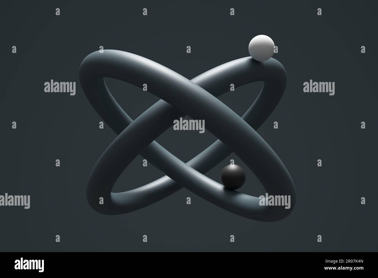 Equilibrio, armonia, stabilità ed equilibrio. Unità o integrazione. Due sfere bilanciate su cerchi interbloccati. Rendering 3D. Foto Stock