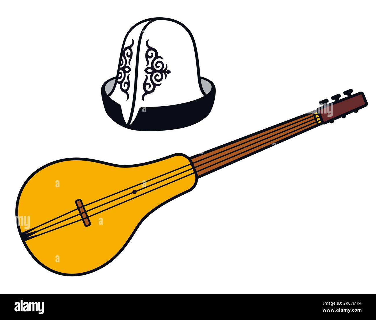 Cappello tradizionale kirghiso (AK Kalpak) e strumento musicale (Komuz). Cultura popolare nomade. Illustrazione di clip vettoriali cartoni animati. Illustrazione Vettoriale