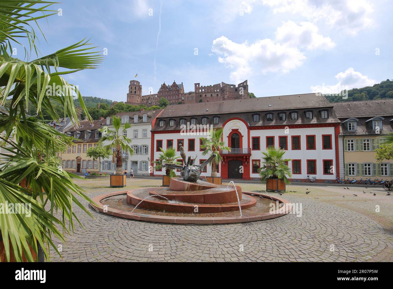 Karlsplatz con Accademia Universitaria delle Scienze, Fontana Sebastian Munster e Castello di Heidelberg, Bergstrasse, Baden-Württemberg, Germania Foto Stock