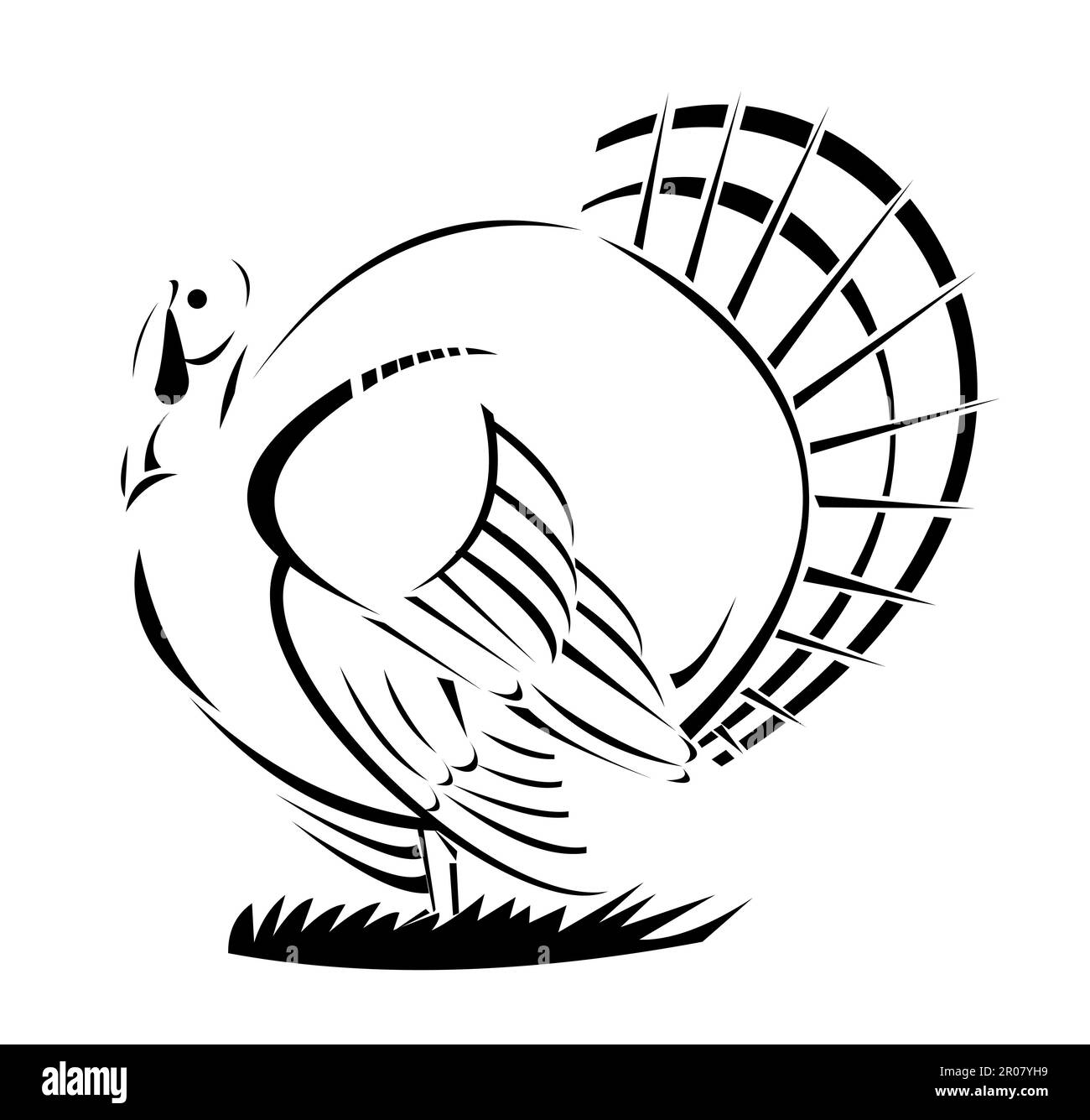 Illustrazione di un tacchino selvaggio visto dal lato su sfondo isolato realizzato in stile nero e bianco retrò. Foto Stock