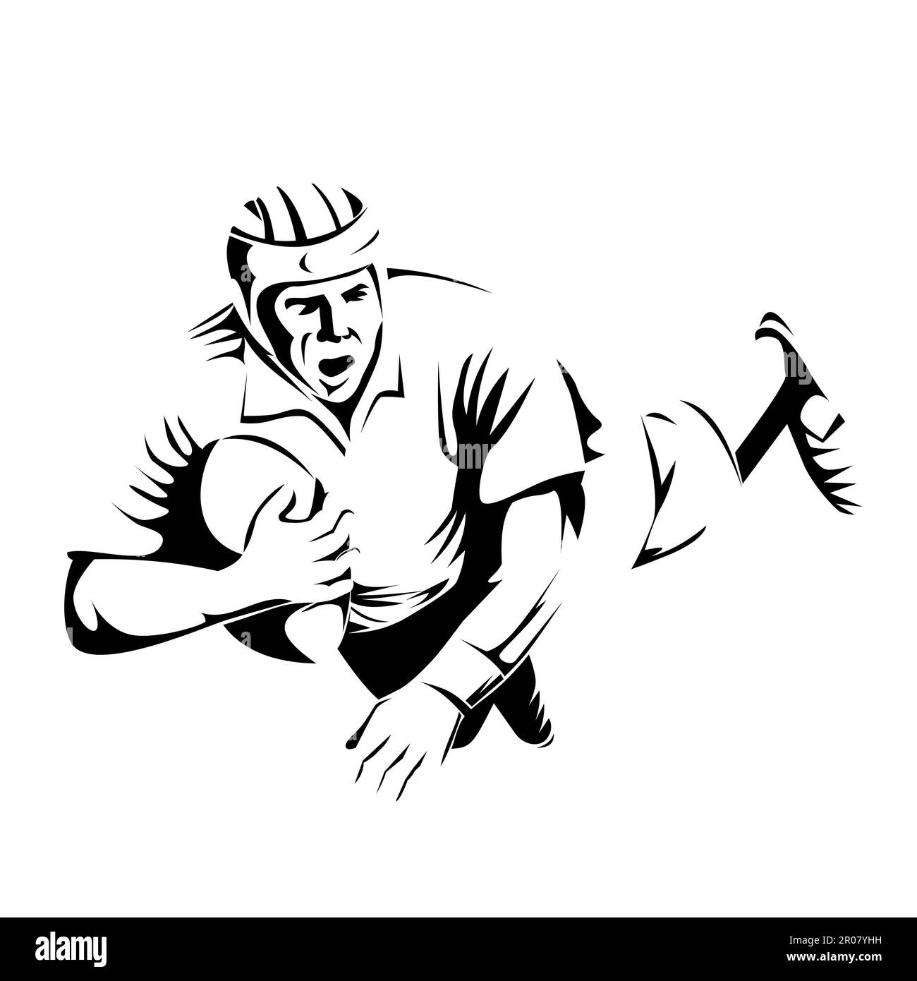 Illustrazione di un giocatore di rugby che si tuffa per segnare una prova su sfondo isolato fatto stile retrò Foto Stock