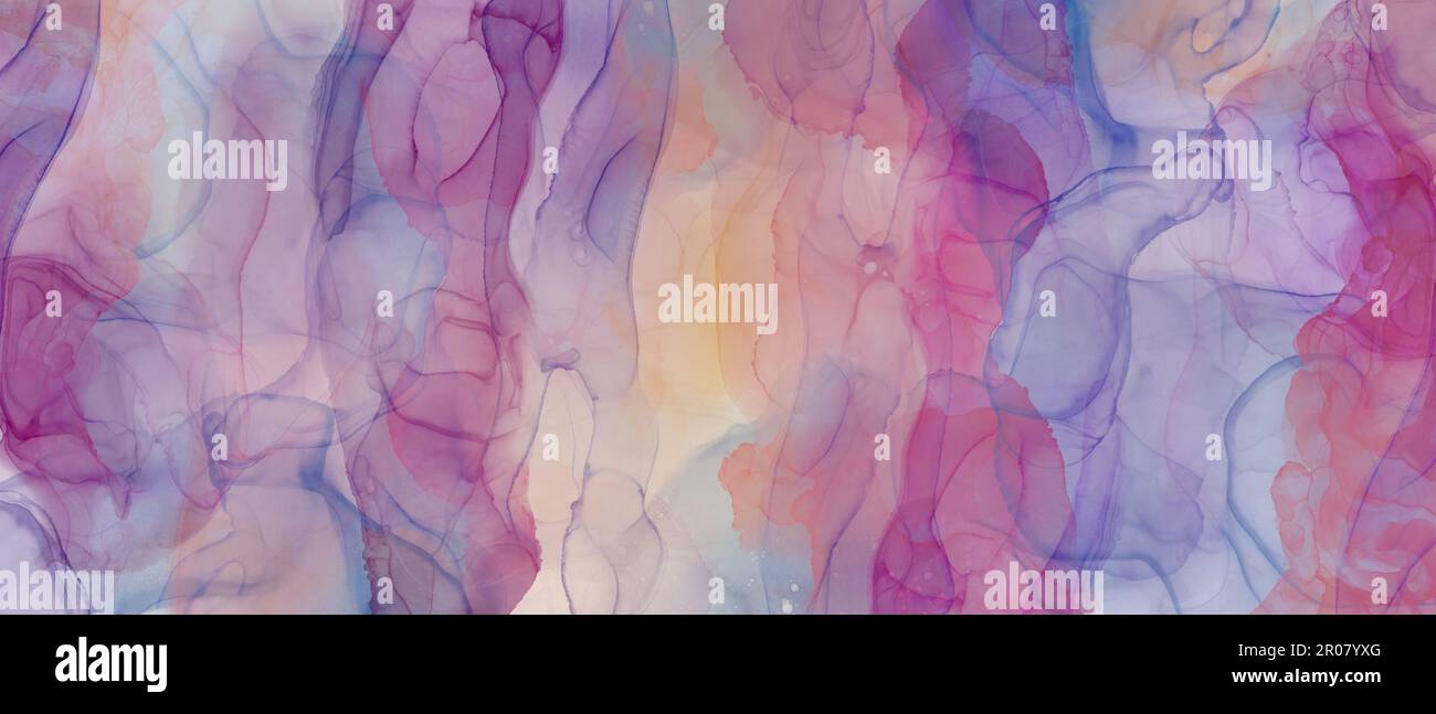 Vivace strato di inchiostro alcool arte sfondo astratto in toni viola, onde, marmorizzazione, bella banner multicolore Foto Stock