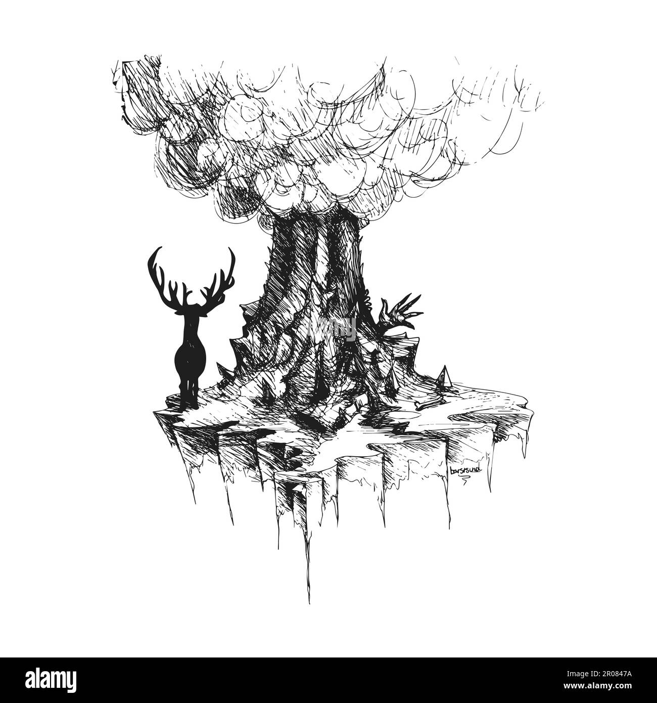 Vettore di cervi isola da rocce e Vulcano con monster la mano, Abstract fantastica con effetto di Chalk Illustrazione Vettoriale