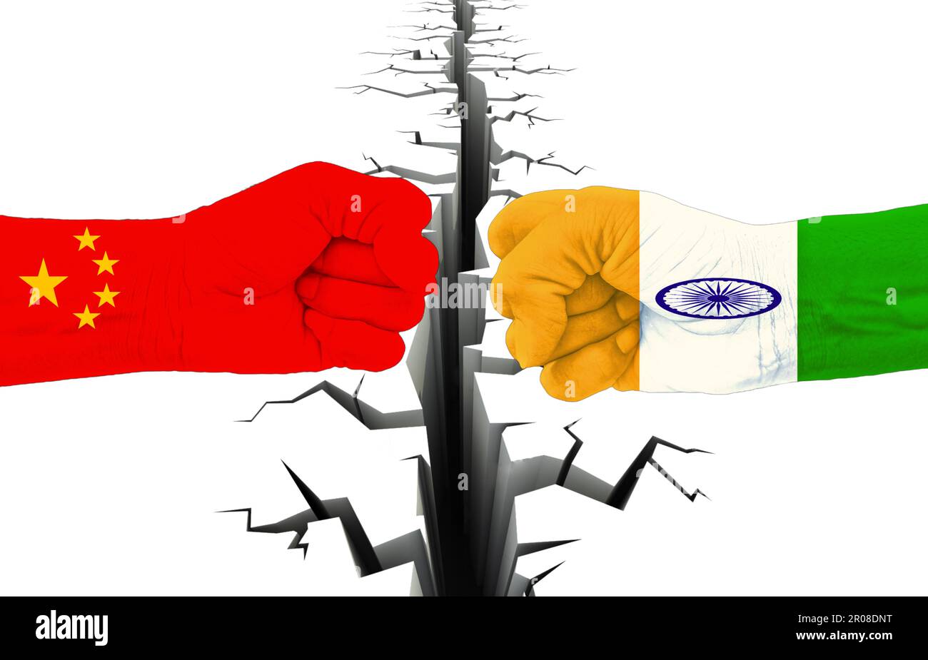 A India vs Cina dispute confine concetto di guerra Illustrazione, lotta commerciale Breaking Notizie Timeline Paper, mani prima arte con sfondo bianco Foto Stock