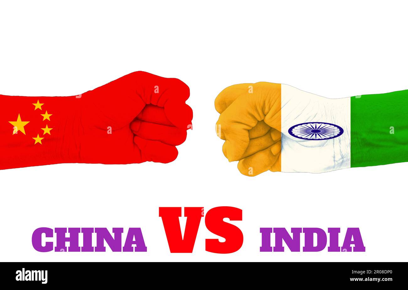 A India vs Cina dispute confine concetto di guerra Illustrazione, lotta commerciale Breaking Notizie Timeline carta, mani prima con lettera di testo Foto Stock