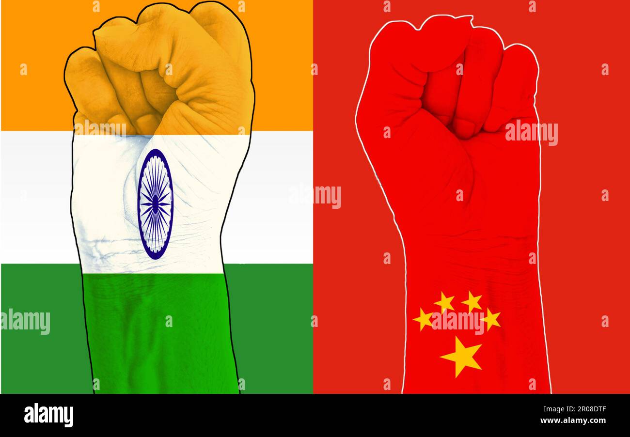 A India vs Cina dispute di confine concetto di guerra Illustrazione, lotta contro il commercio Breaking Notizie Timeline Paper, mano prima icona Foto Stock