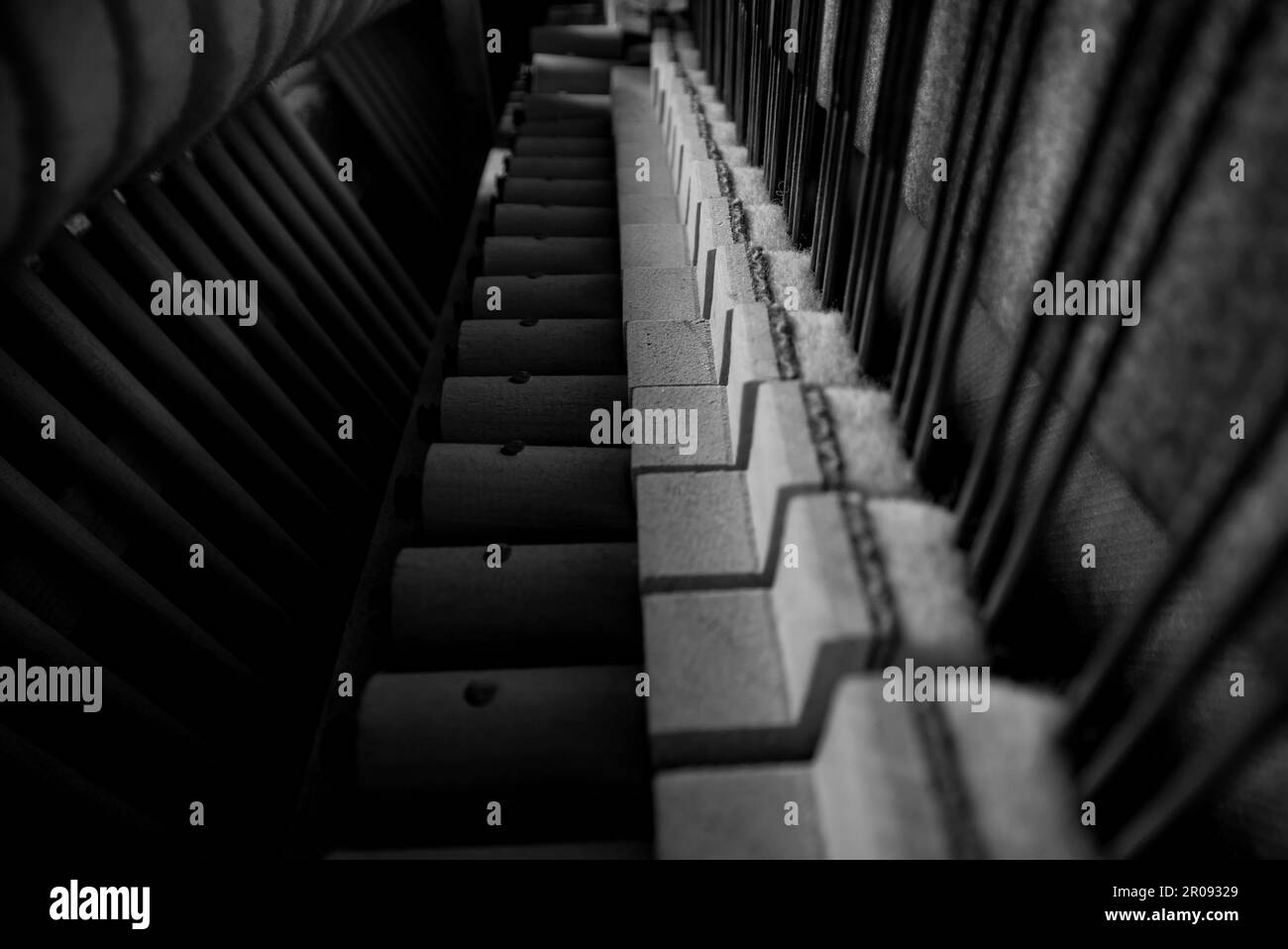 All'interno del pianoforte. Corde all'interno del pianoforte verticale. Foto Stock