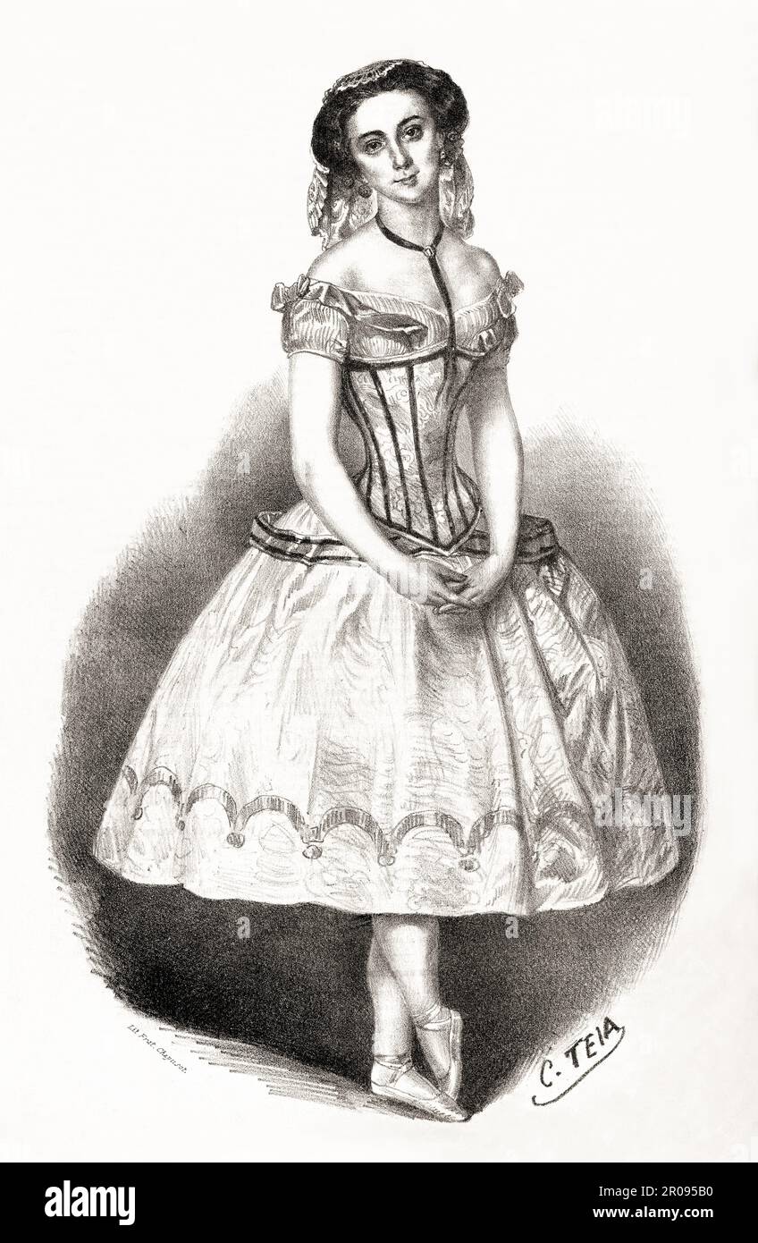 1855 , novembre , ITALIA : la celebre ballerina italiana AMALIA FERRARIS ( 1828 - 1904 ), in occasione delle sue esibizioni a Roma . Ritratto inciso da C. Teia , litografato da Fratelli Chapusot , pubblicato nella rivista il TROVATORE , stampata a Torino . - STORIA - FOTO STORICHE - BALLERINA - Balletto CLASSICO - TEATRO - TEATRO - DANZA - Danza - CLASSICA - ballerina - OTTOCENTO - '800 - 800 - RITRATTO - ritratto - velo - velo - veletta - pizzo - moda cinema - MODA - incisione - Incisione - illustrazione - illustrazione --- Archivio GBB Foto Stock