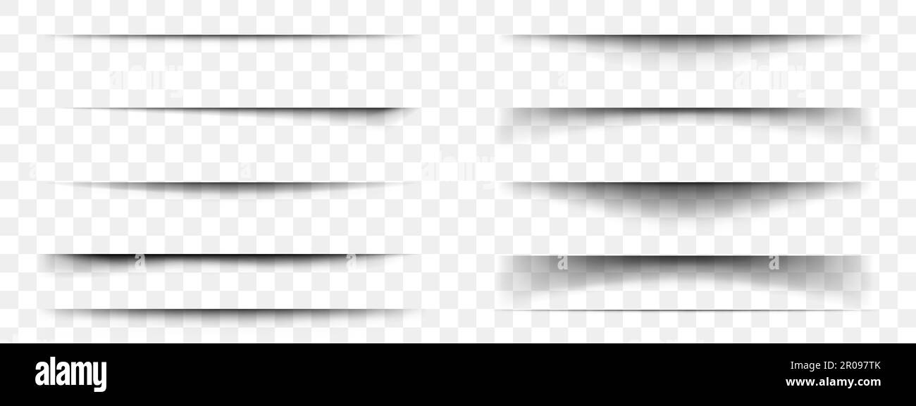 Set di effetti di ombreggiatura della carta. Linee di divisione orizzontali isolate su sfondo trasparente. Foglio per notebook, pagina del libro, scheda, volantino, banner, poster con bordi sfocati morbidi. Illustrazione realistica vettoriale Illustrazione Vettoriale