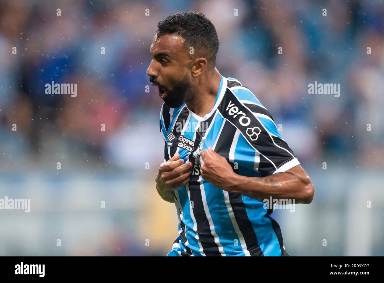 Porto Alegre, Brasile. 07th maggio, 2023. Arena do Gremio Everton Galdino do Gremio, celebra il suo gol durante la partita tra Gremio e Red Bull Bragantino, per il 4th° round del Campionato brasiliano 2023, all'Arena do Gremio, questa domenica 07. €30761 (Richard Ducker/SPP) Credit: SPP Sport Press Photo. /Alamy Live News Foto Stock