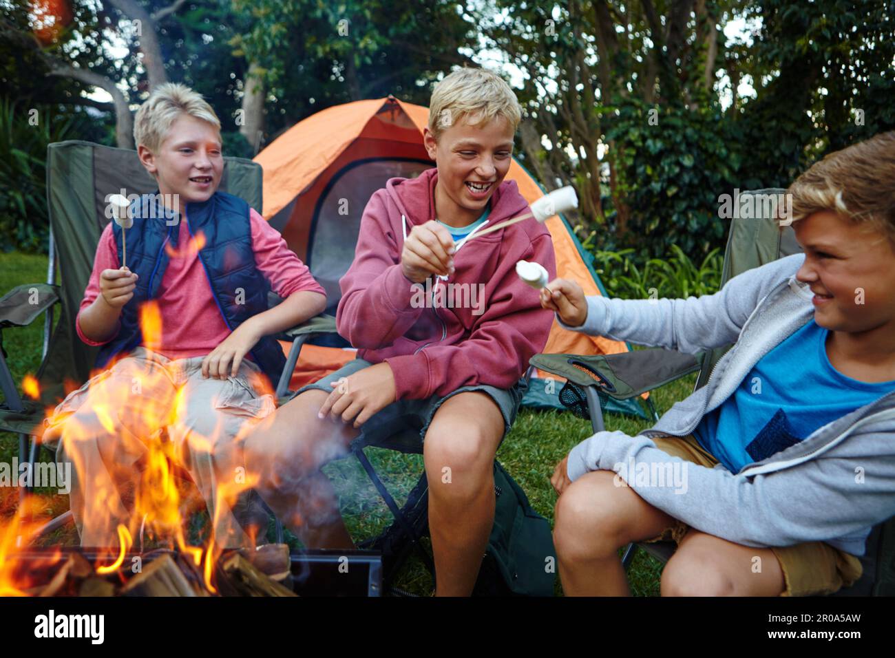 Felici i campeggiatori con i loro marshmallows. tre ragazzi cucinano marshmallows sul fuoco. Foto Stock