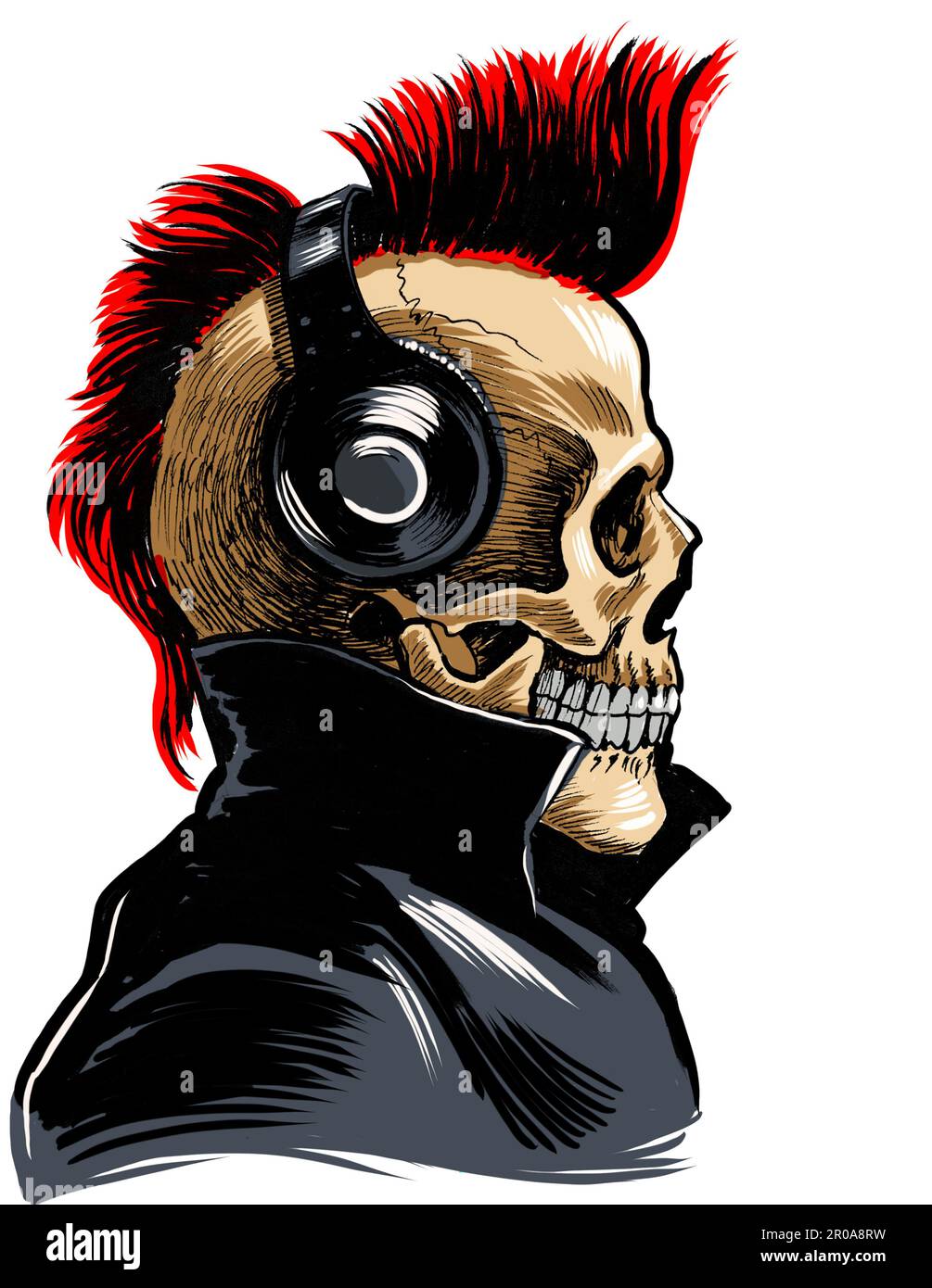 Dead punk in cuffie che ascoltano rock. Inchiostro disegnato a mano su carta e colorato a mano su tavoletta Foto Stock