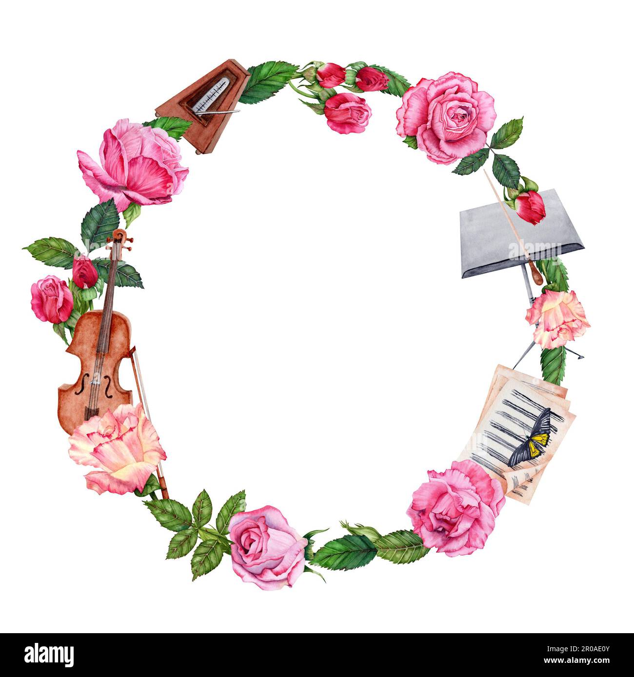 Watercolor Wreath design. Musica classica con violino, Stand musicale, Spartiti e Metronomo decorato con belle rose Foto Stock