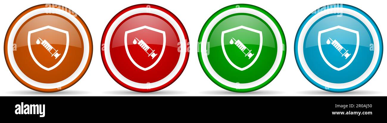 Concetto di schermo vaccino icone lucide, set di pulsanti di design moderno per applicazioni web, internet e mobile in quattro colori opzioni isolato su bianco b Foto Stock
