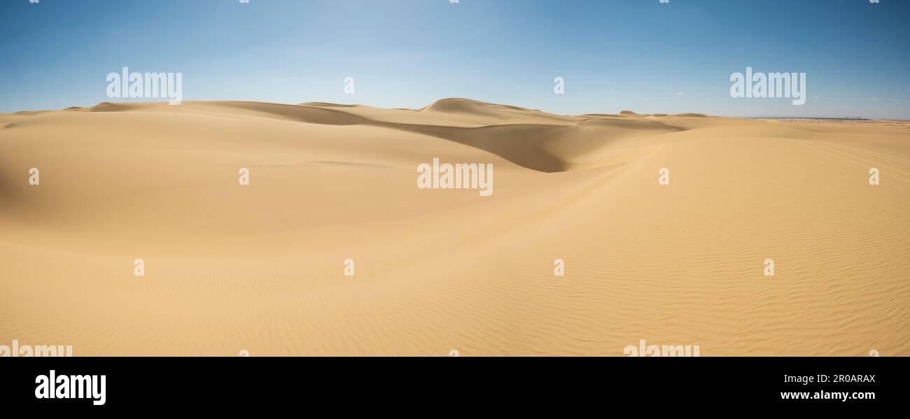 Panorama vista panoramica del deserto desolato e arido occidentale in Egitto con grandi dune di sabbia sullo sfondo blu del cielo Foto Stock