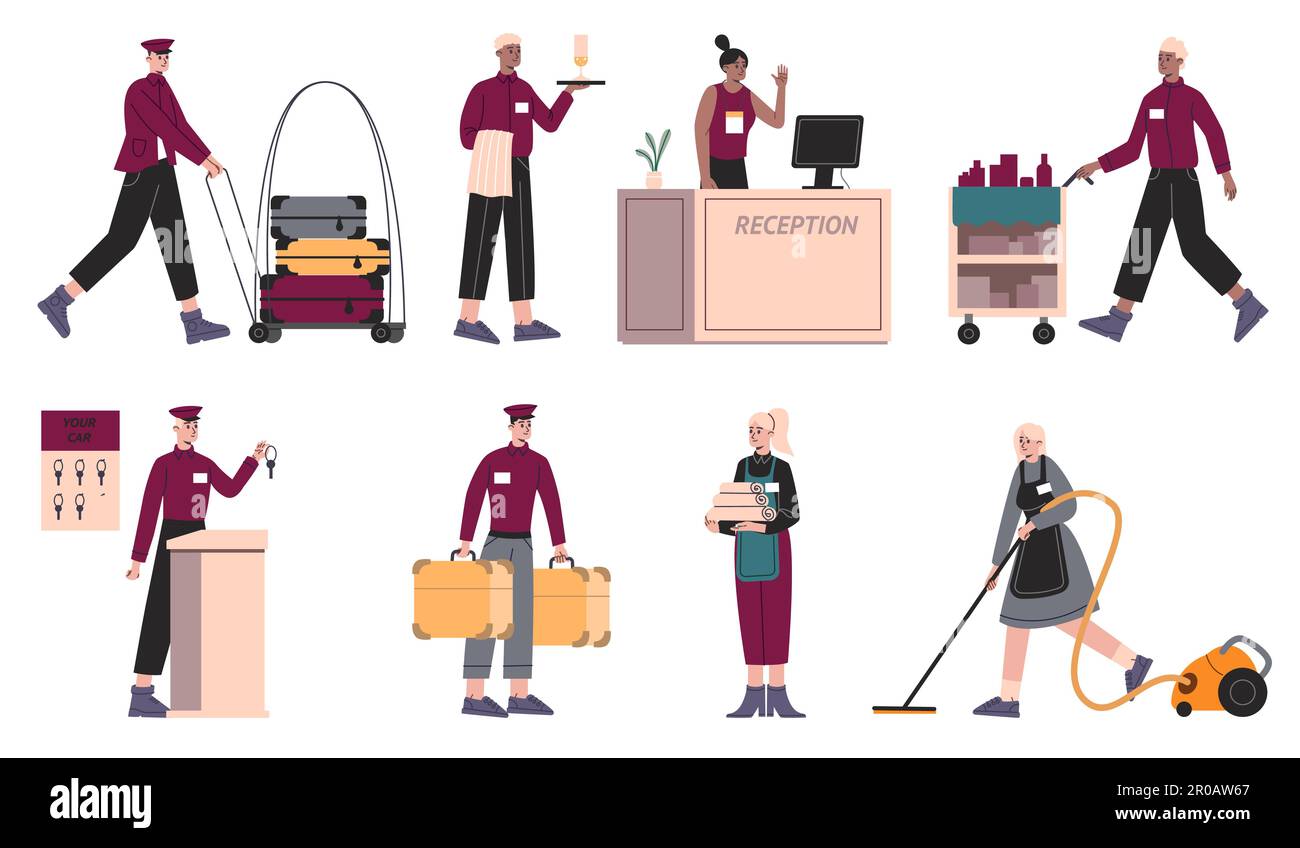 Personale dell'hotel. Dipendenti professionali della guest house. Uomini e donne in uniforme. Receptionist e portiere. Facchino che trasporta bagagli. Cameriera con aspirapolvere Illustrazione Vettoriale