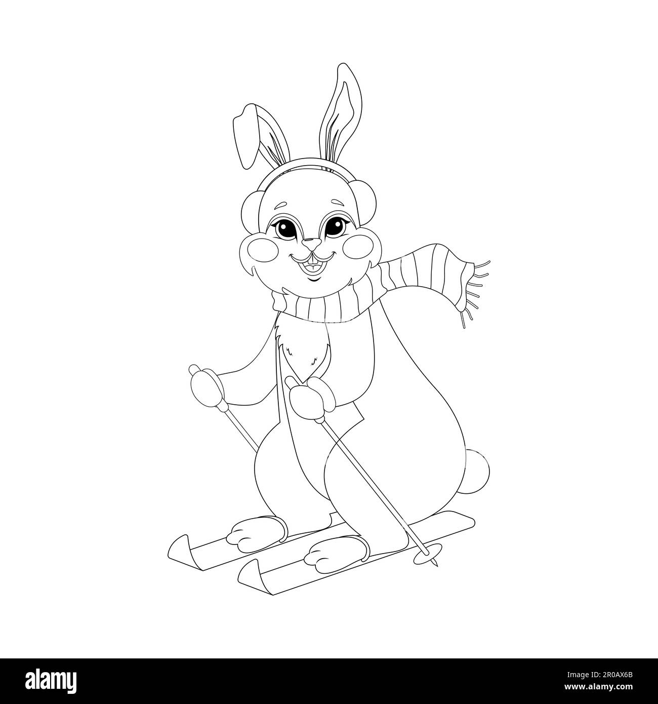 Coniglietto carino per il libro da colorare. Sci di coniglio. Pagina da colorare in bianco e nero. Illustrazione del contorno del vettore isolato. Educazione dei bambini Illustrazione Vettoriale