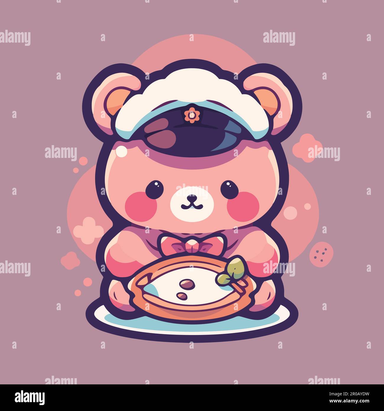 Un orso carino con una torta e un cappello. Illustrazione Vettoriale