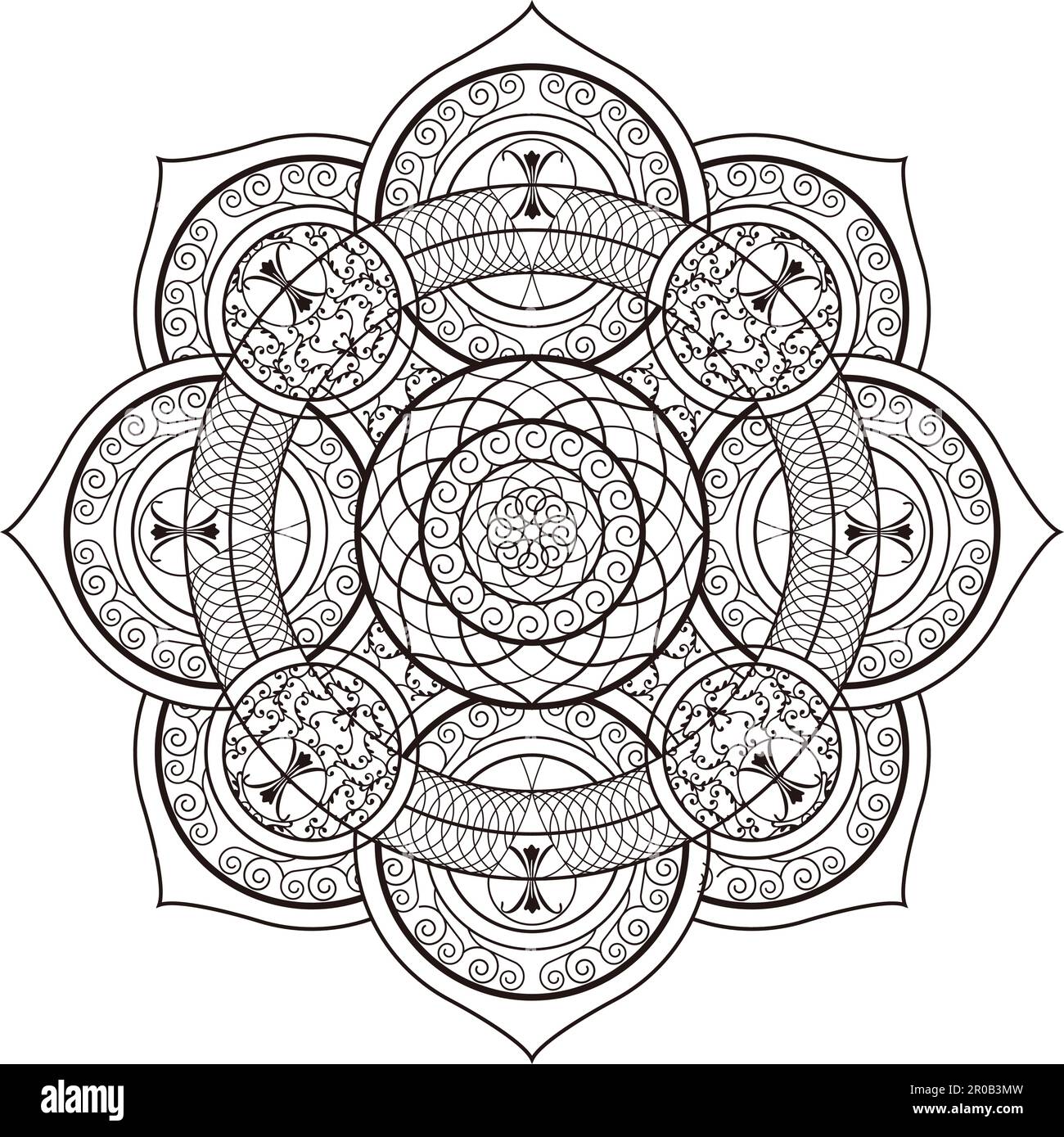 Design ornamentale in Mandala monocromatico isolato su sfondo bianco. Illustrazione Vettoriale