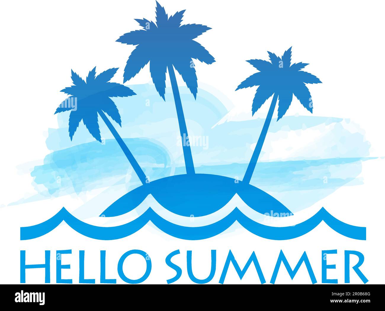 Icona del simbolo Vector Summer con palme su un'isola isolata su uno sfondo bianco. Illustrazione Vettoriale