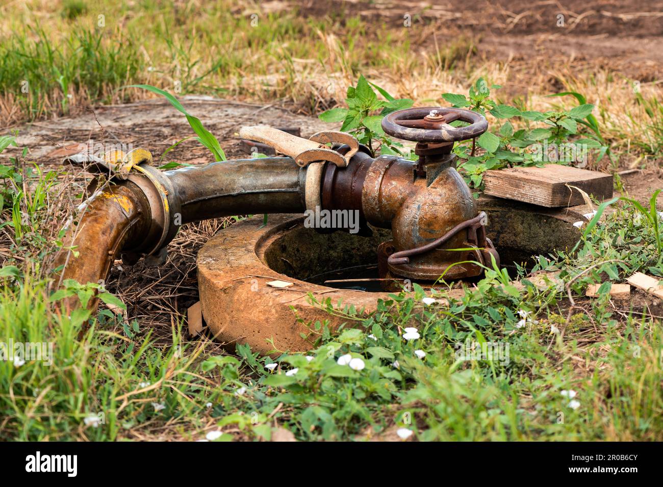 Valvola della stazione di pompaggio per irrigazione agricola in campo, messa a fuoco selettiva Foto Stock
