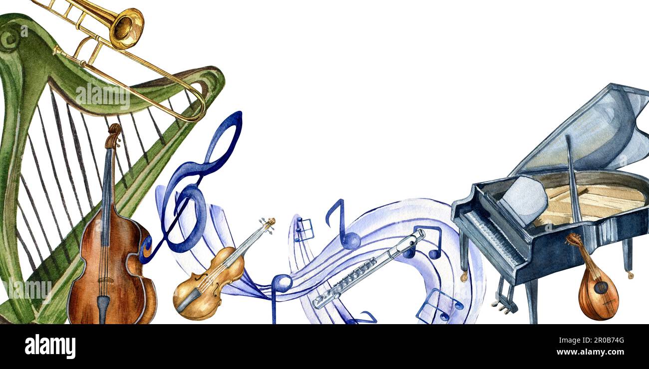 Tavola di arpa, violino, pianoforte a coda e simbolo musicale acquerello illustrazione isolata. Strumenti musicali classici disegnati a mano. Elemento di disegno per f Foto Stock