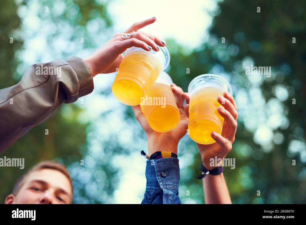 Heres a noi. un gruppo di amici che brinda con le birre. Foto Stock
