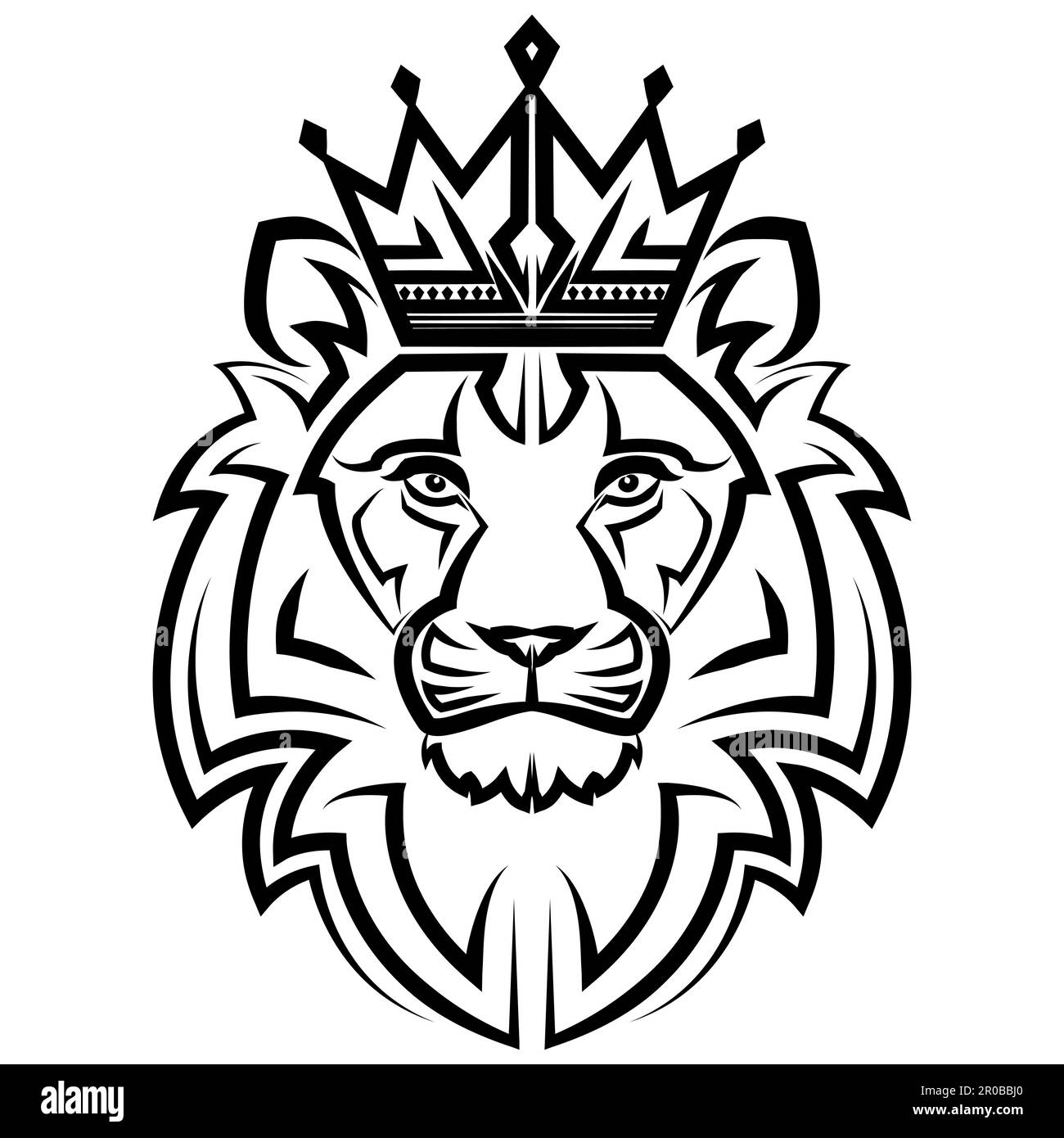Linea bianca e nera arte della parte anteriore del leone testa re con corona è segno di leo zodiac buon uso per simbolo mascotte icona avatar tatuaggio T Shirt Illustrazione Vettoriale